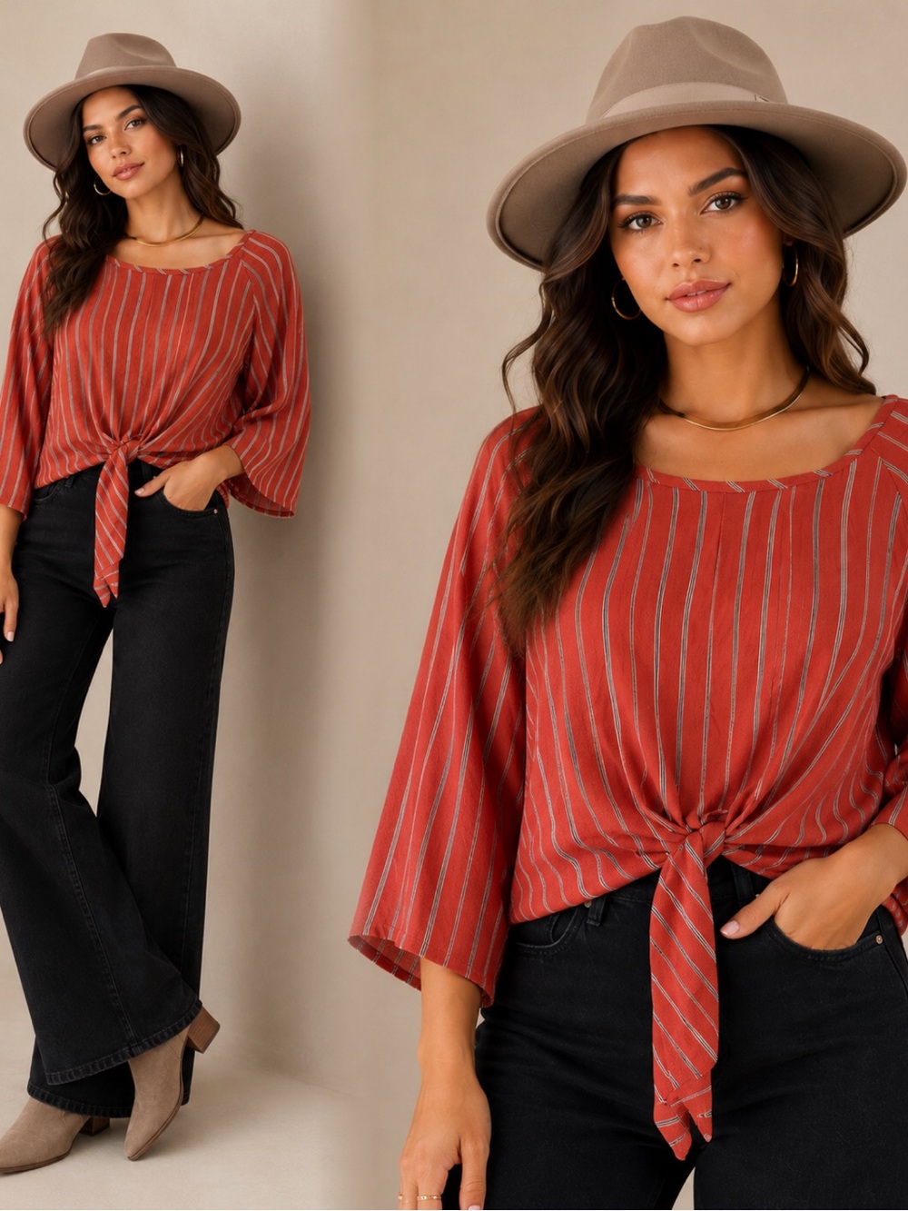 Striped Rust Tie-Front Blouse